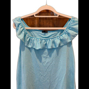 Talbots Tank Top Plus Size XL Turquoise Blue Striped Ruffle Neckline Summer Cool